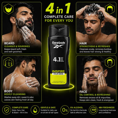 Reebok Men 4-in-1 Inspire Your Mind Shower Gel 400ml - All-in-One Hair, Face & Body Wash for Deep Cleansing, Long Lasting Fre