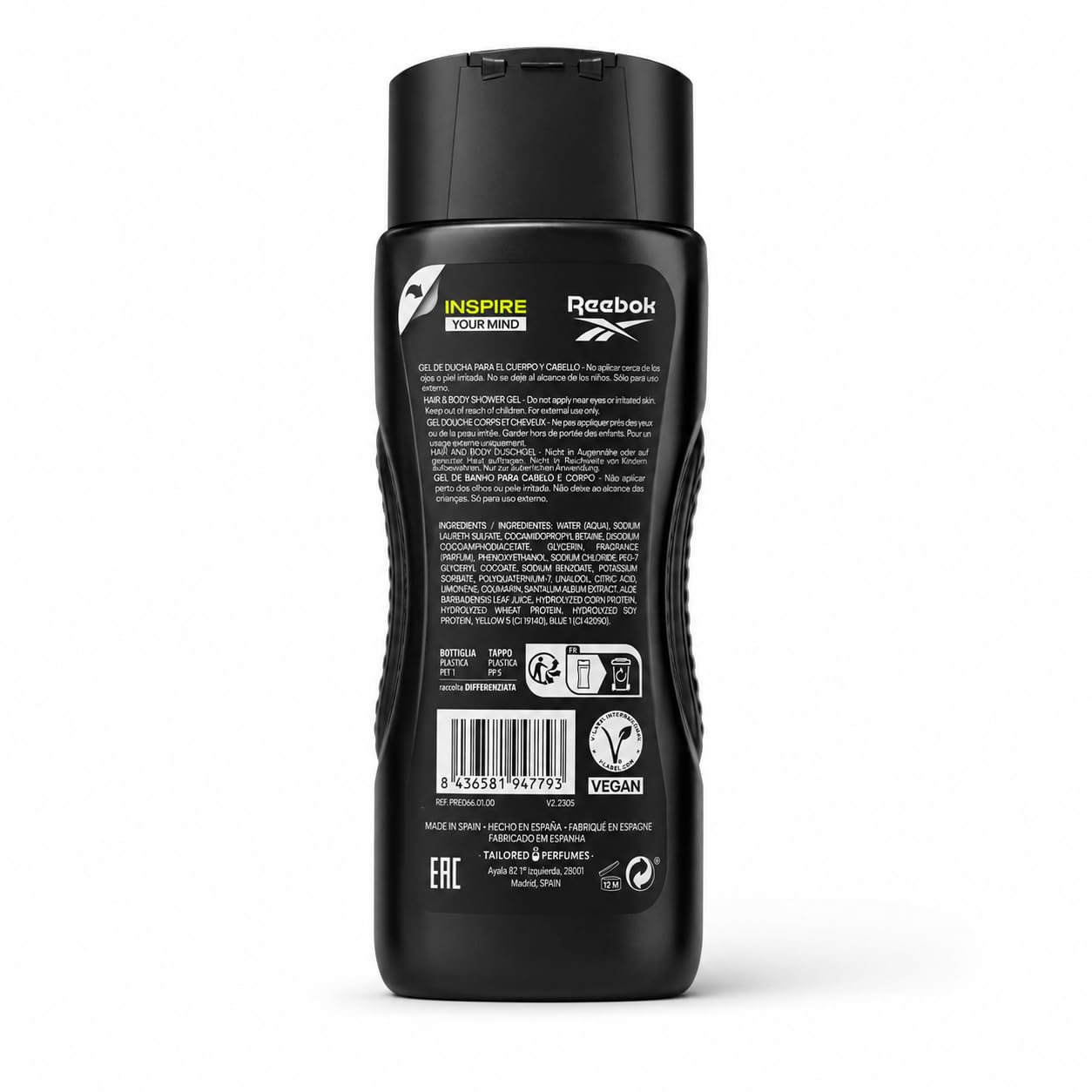 Reebok Men 4-in-1 Inspire Your Mind Shower Gel 400ml - All-in-One Hair, Face & Body Wash for Deep Cleansing, Long Lasting Fre