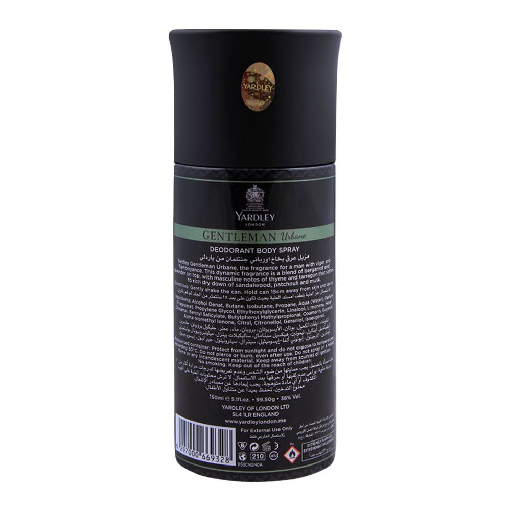Yardley London Gentleman Urbane Deodorant Body Spray 150 ml Modern Masculine Fragrance & Long‑Lasting Freshness