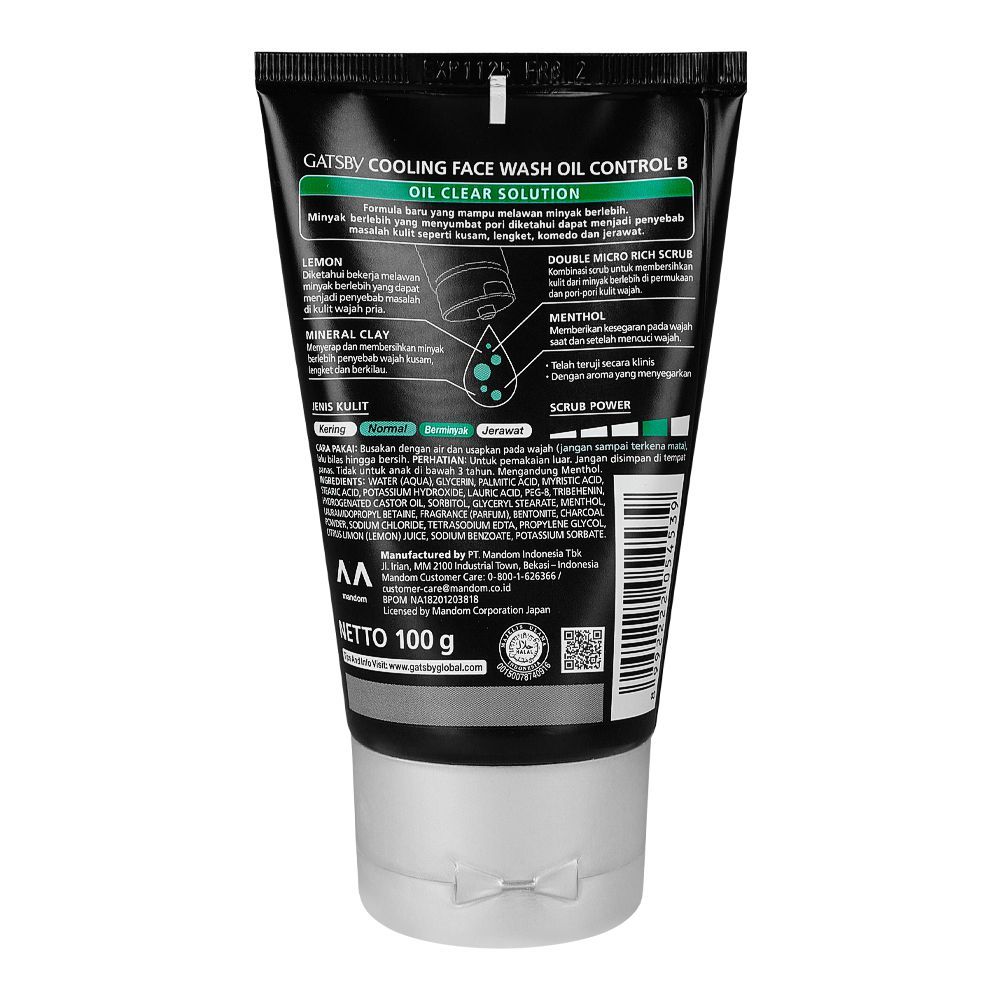 Gatsby Oil Clear Solution Oil Control Clay + Lemon Cooling Face Wash 100g - Deep Cleansing Anti Oil Face Wash for Men Fresh C