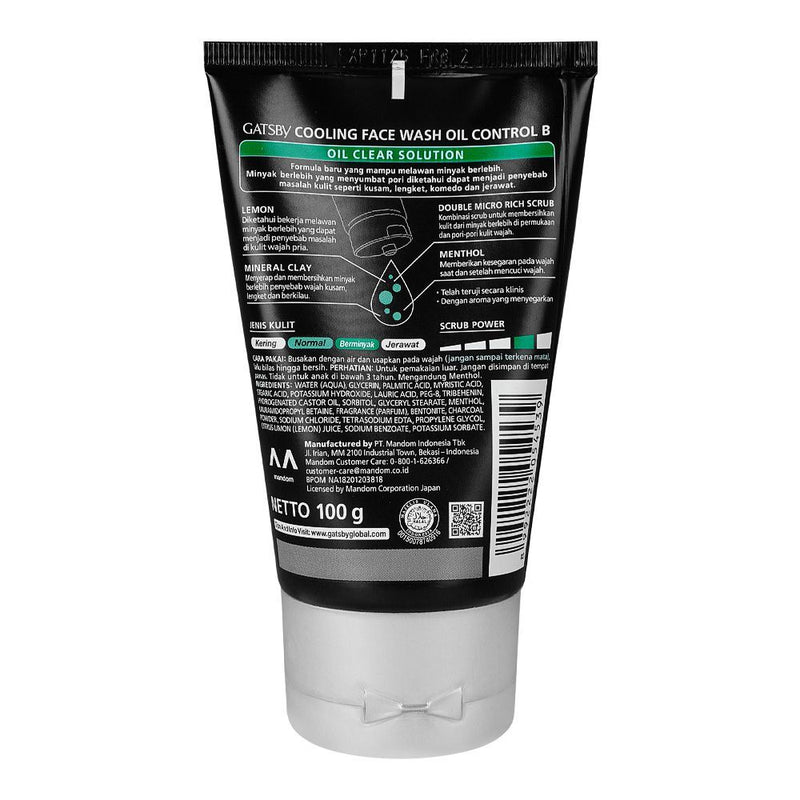 Gatsby Oil Clear Solution Oil Control Clay + Lemon Cooling Face Wash 100g - Deep Cleansing Anti Oil Face Wash for Men Fresh C