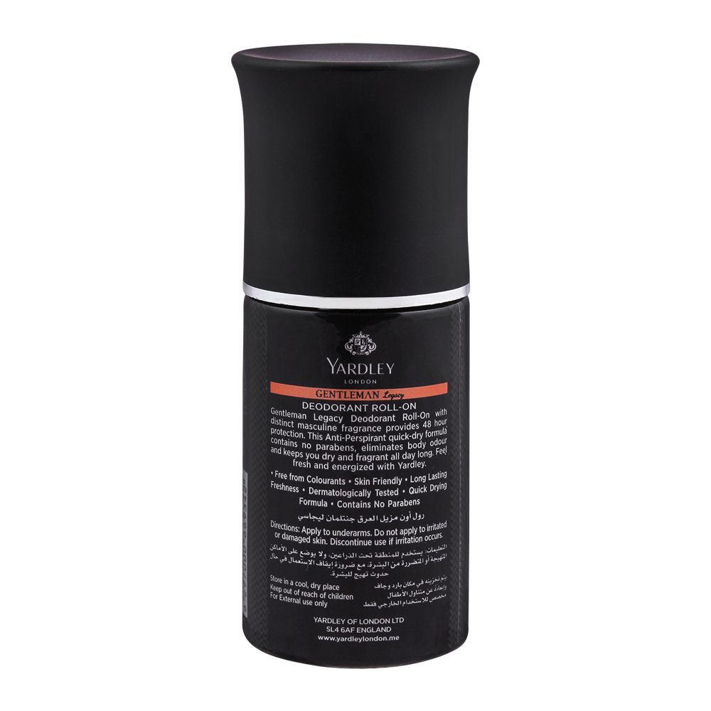 Yardley Gentleman Legacy Anti-Perspirant Roll-On 50ml - Long Lasting 48 Hour Sweat Protection Deodorant for Men with Quick Dr