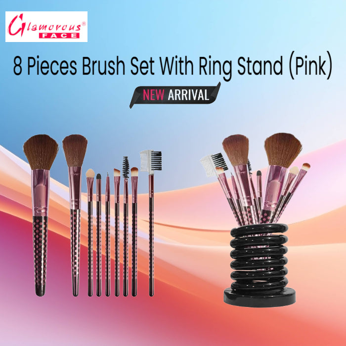 Glamorous Face 8 Pieces Brush Set With Ring Stand (PINK)