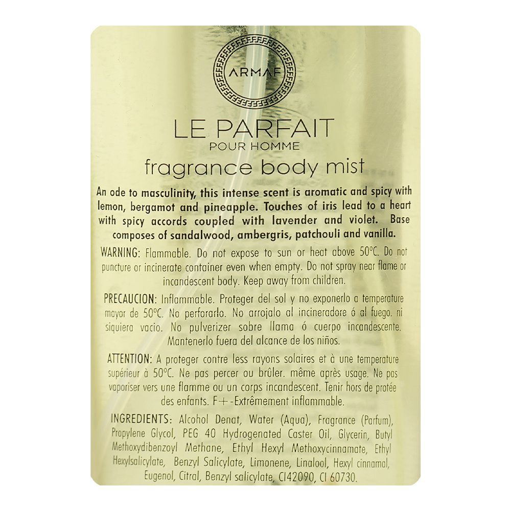 Armaf Le Parfait Pour Homme Fragrance Body Mist For Men 250ml – Long Lasting Masculine Perfume Spray
