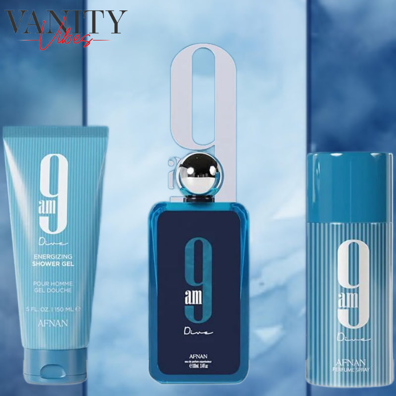 Gift Set 9 AM Dive by AFNAN Eau de Parfum 100ml + Deodorant 150ml + Shower Gel 150ml, Perfume Gift Set for Men & Women