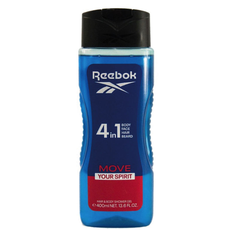 Reebok Men 4-in-1 Move Your Spirit Shower Gel 400ml – All-in-One Hair, Face & Body Wash for Deep Cleansing, Long Lasting Fres