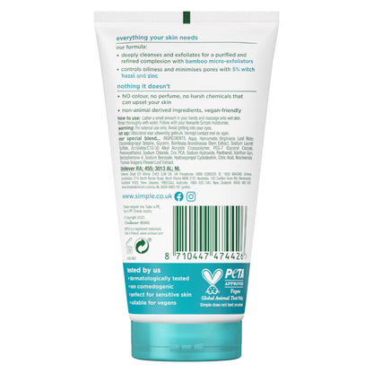 Simple Clear Pore Scrub 3% Witch Hazel + Zinc + Bamboo Micro-Exfoliators 150ml – Daily Skin Detox & Deep Pore Cleansing Face 