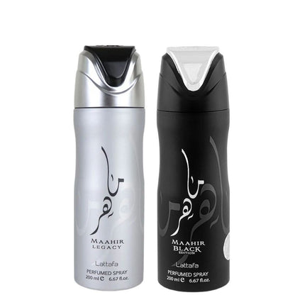 Maahir Black Edition Deodorant Spray 200ml + Maahir Legacy Deodorant Spray 200ml by Lattafa (Pack of 2)