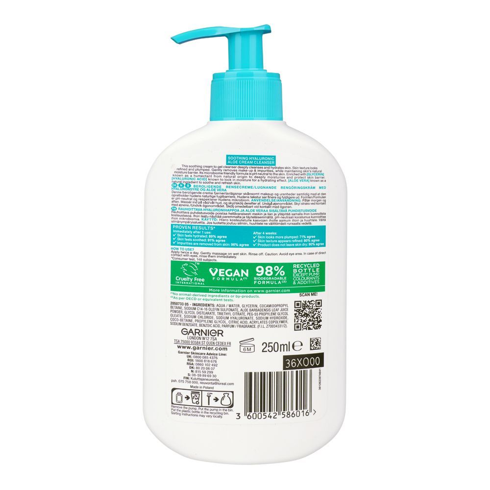 Garnier SkinActive Soothing Hyaluronic Aloe Cream Cleanser pH Neutral 250ml Gentle & Hydrating Face Cleanser