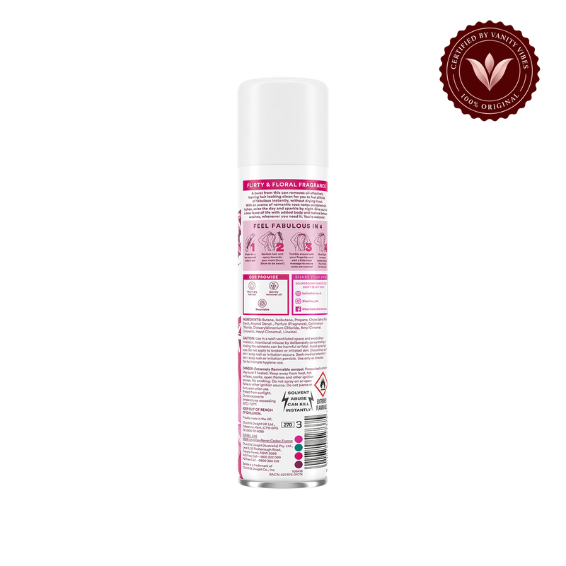 Batiste Dry Shampoo Floral & Flirty Blush 200ml — rear view with transparent background and Vanity Vibes badge
