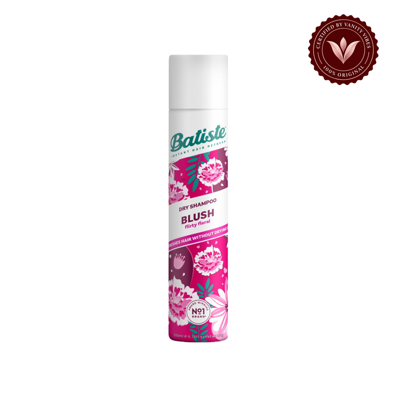 Batiste Dry Shampoo Floral & Flirty Blush 200ml — front view with transparent background and Vanity Vibes badge