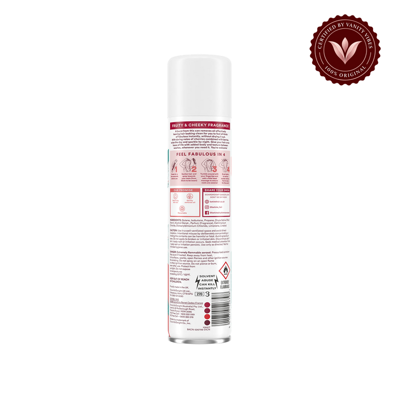 Batiste Dry Shampoo Cherry (Cheeky Cherry) 200ml — rear view with transparent background and Vanity Vibes badge