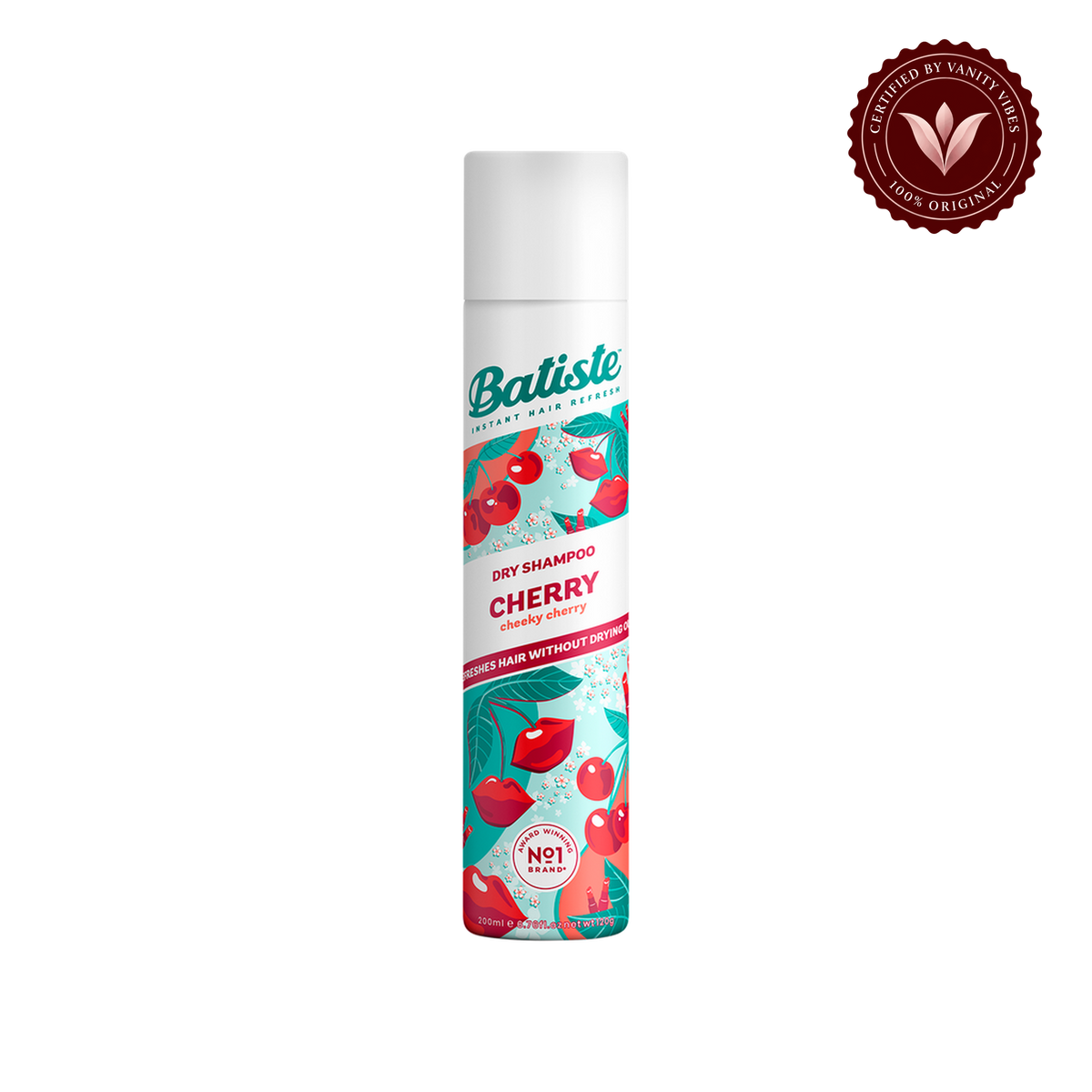 Batiste Dry Shampoo Cherry (Cheeky Cherry) 200ml — front view with transparent background and Vanity Vibes badge