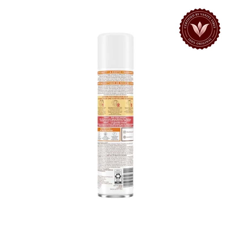 Batiste Dry Shampoo Tropical (Exotic Coconut) 200ml — rear view with transparent background and Vanity Vibes badge