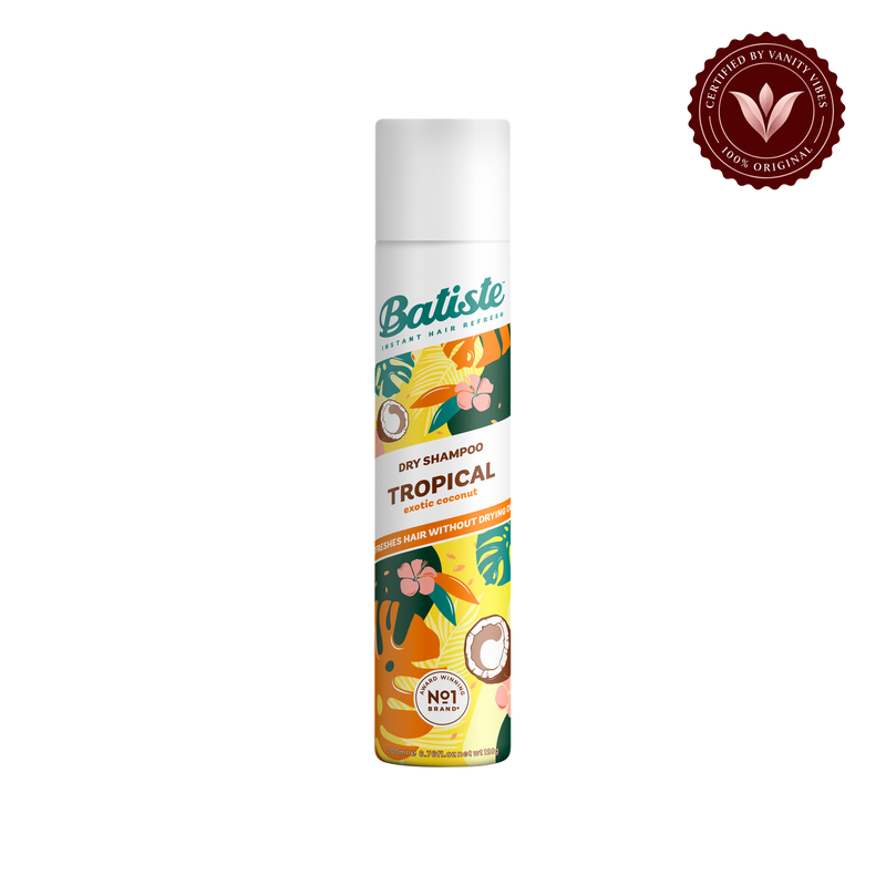 Batiste Dry Shampoo Tropical (Exotic Coconut) 200ml — front view with transparent background and Vanity Vibes badge