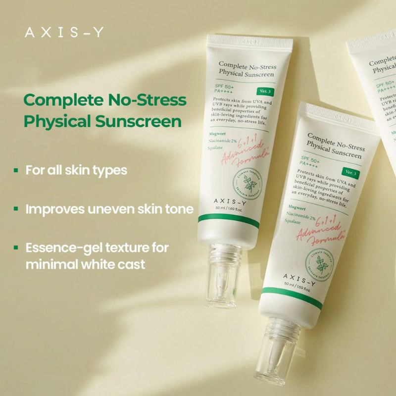 AXIS-Y Complete No Stress Physical Sunscreen 50 ml Broad-Spectrum SPF Protection & Gentle Care (K Beauty)