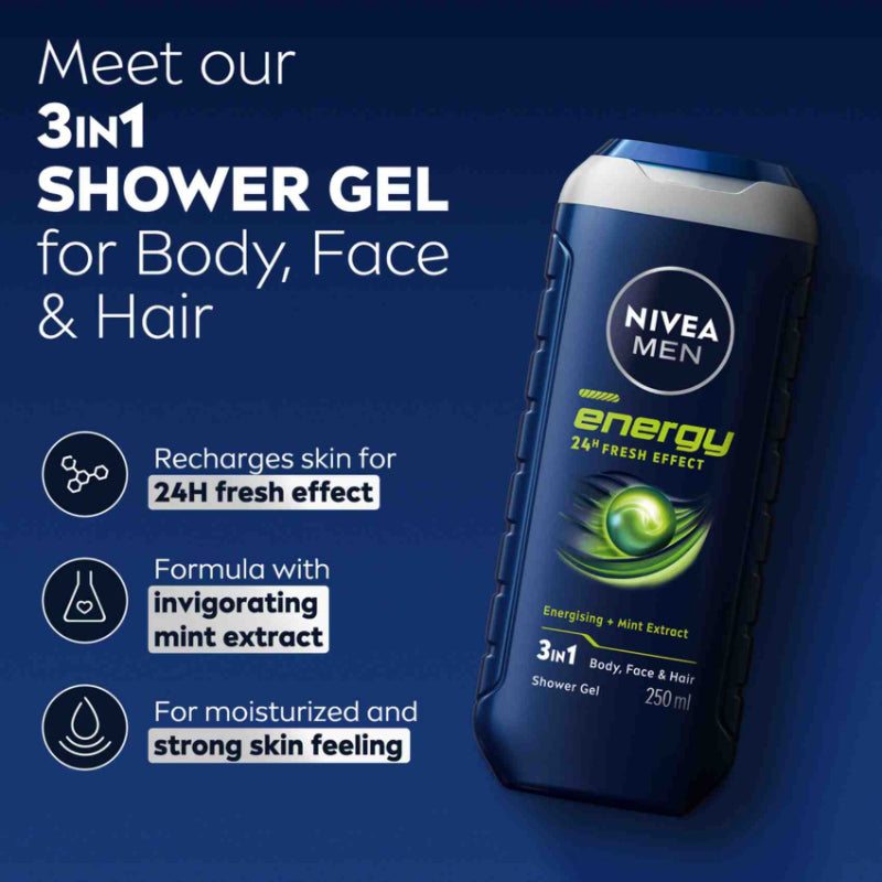 Nivea Men Energy 24H Fresh Effect 3-In-1 Shower Gel For Body, Face & Hair 250ml