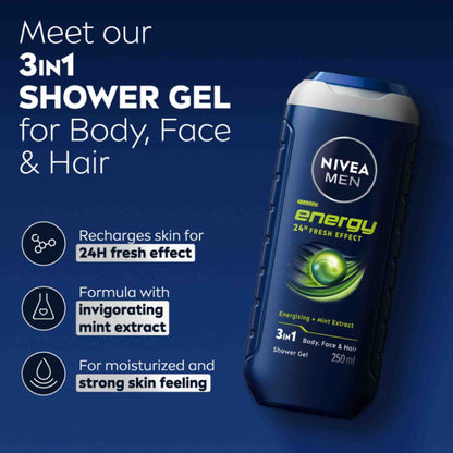 Nivea Men Energy 24H Fresh Effect 3-In-1 Shower Gel For Body, Face & Hair 250ml