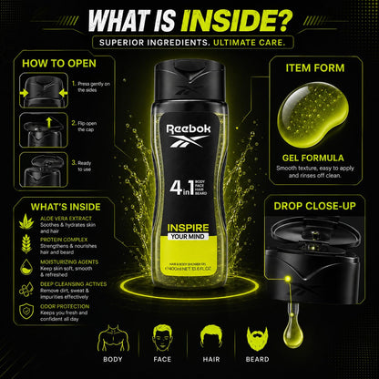 Reebok Men 4-in-1 Inspire Your Mind Shower Gel 400ml - All-in-One Hair, Face & Body Wash for Deep Cleansing, Long Lasting Fre