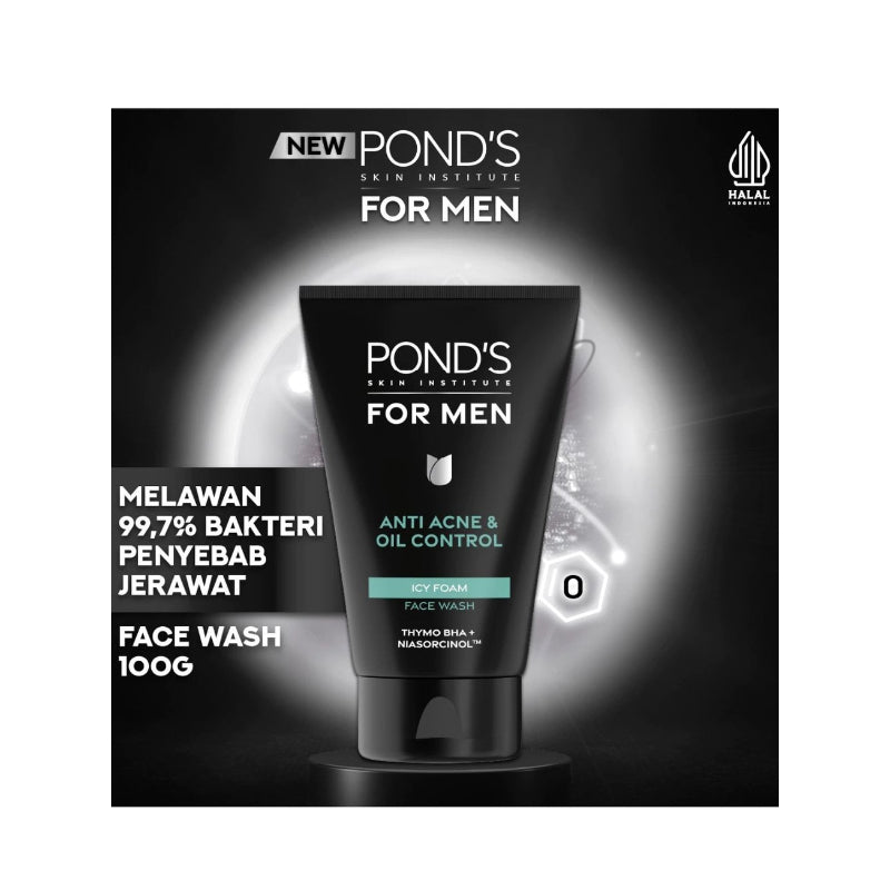 Pond’s Men Anti-Acne & Oil Control Icy Foam Face Wash 100g - With Thymo BHA & Niasorcinol for Clear, Refreshed Skin