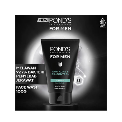 Pond’s Men Anti-Acne & Oil Control Icy Foam Face Wash 100g - With Thymo BHA & Niasorcinol for Clear, Refreshed Skin