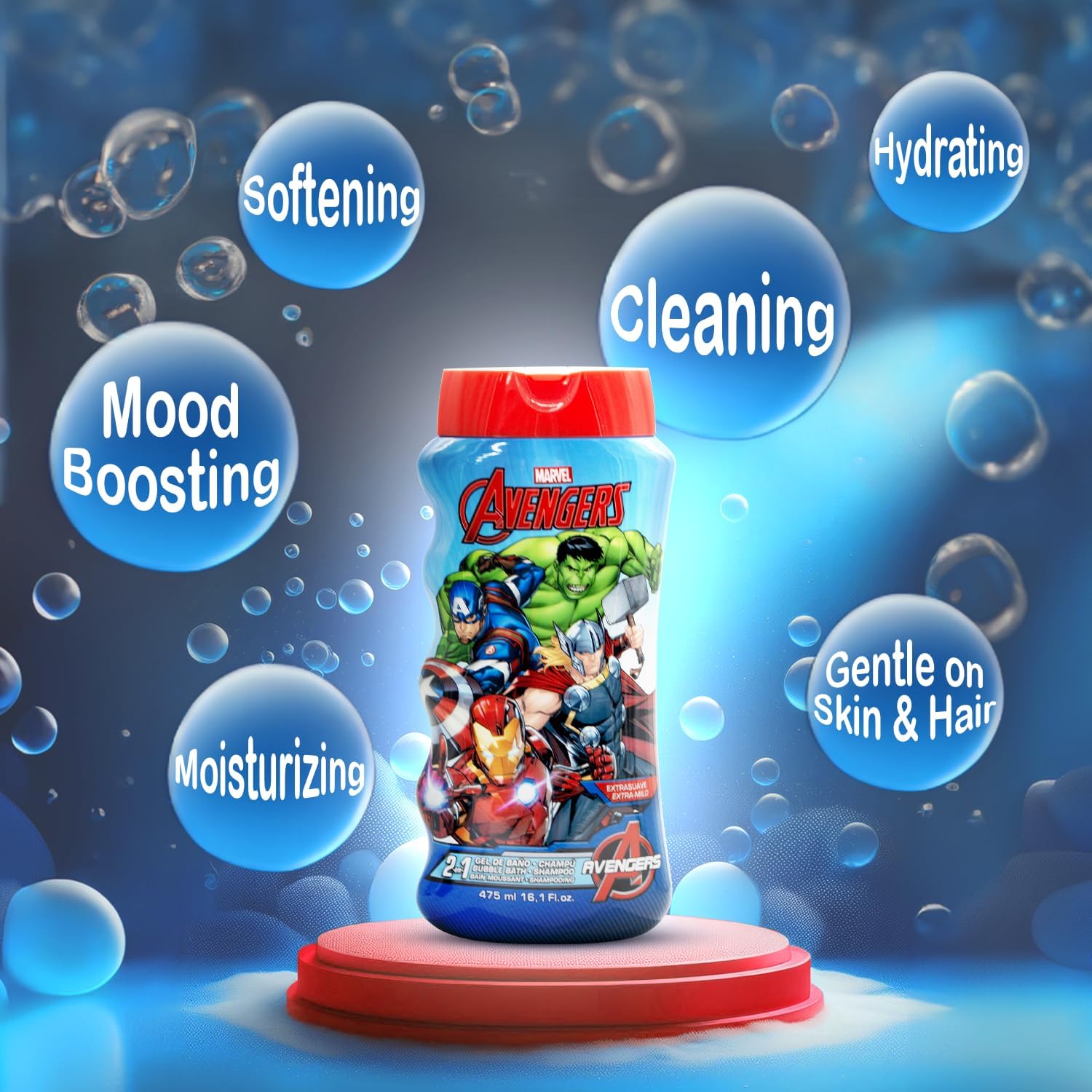 Lorenay Marvel Avengers 2-in-1 Bubble Bath & Shampoo 475ml - Gentle Kids Hair & Body Wash for Soft Cleansing, Fun Bath Time &