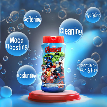 Lorenay Marvel Avengers 2-in-1 Bubble Bath & Shampoo 475ml - Gentle Kids Hair & Body Wash for Soft Cleansing, Fun Bath Time &