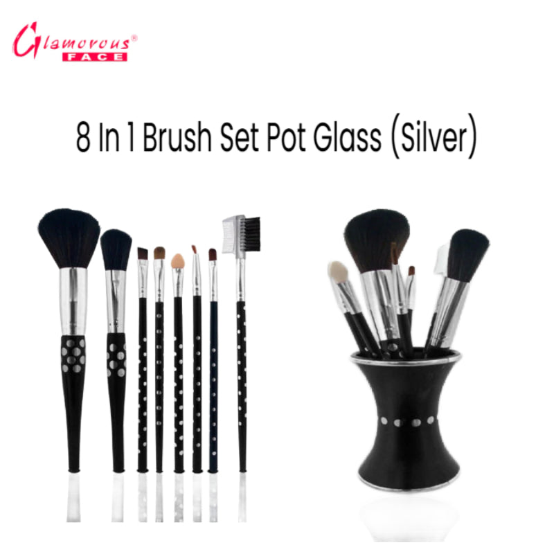 Glamorous Face 8 in 1 Brush Sets Pot Glass (Silver)