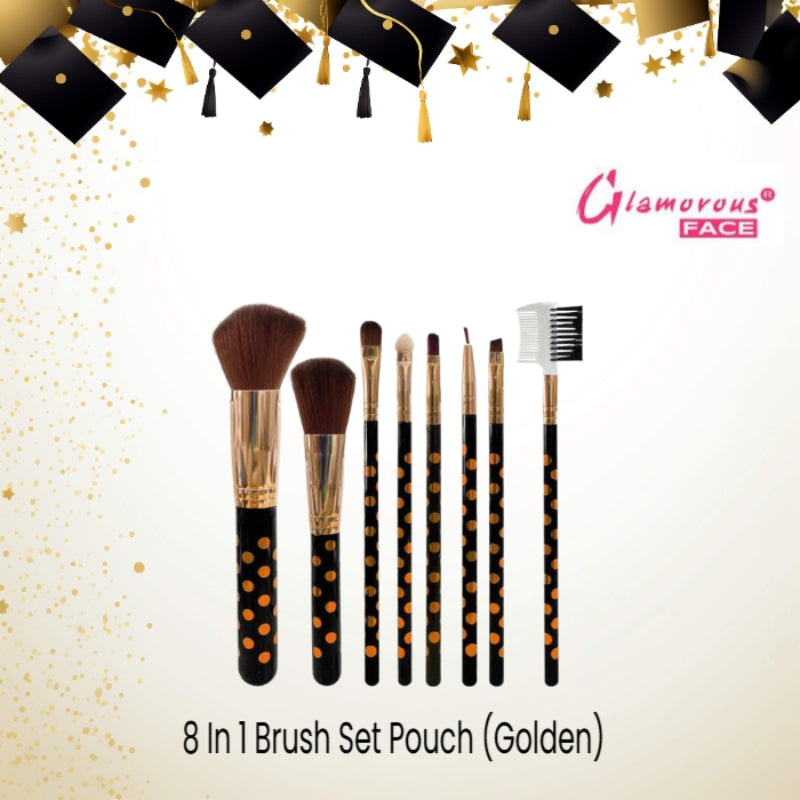 Glamorous Face 8 In 1 Brush Set Pouch (Golden)