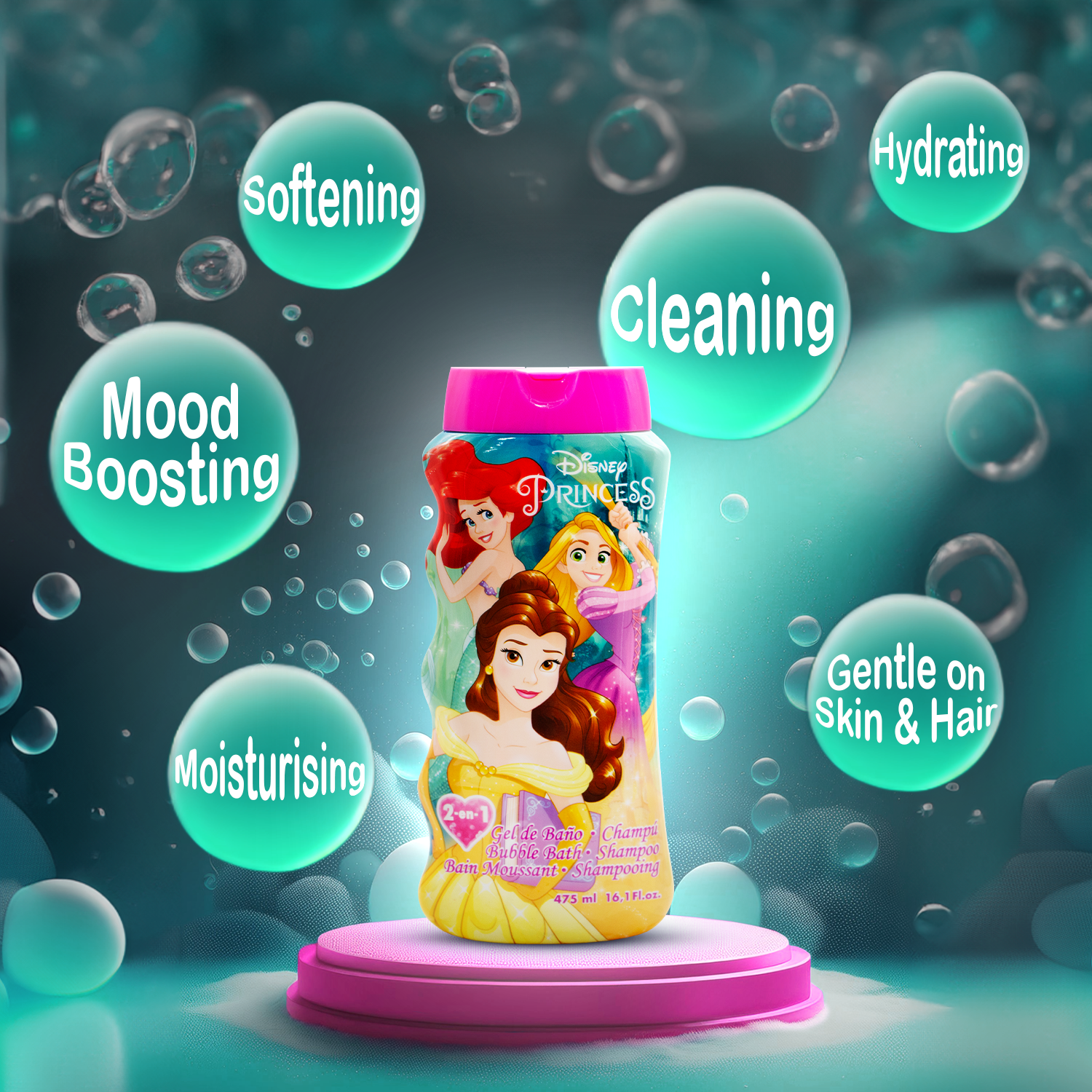 Lorenay Disney Princess 2-in-1 Bubble Bath & Shampoo 475ml - Gentle Kids Hair & Body Wash for Soft Cleansing, Tear-Free Formu
