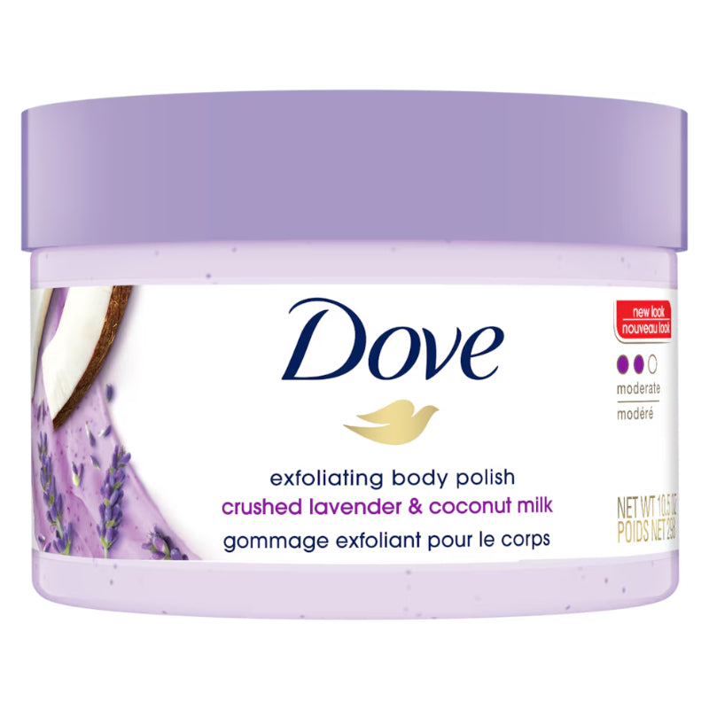 Dove Exfoliating Body Polish Crushed Lavender & Coconut Milk 298g – Gommage Exfoliant Pour Le Corps for Smooth Soft Skin