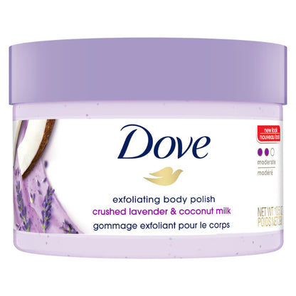 Dove Exfoliating Body Polish Crushed Lavender & Coconut Milk 298g – Gommage Exfoliant Pour Le Corps for Smooth Soft Skin