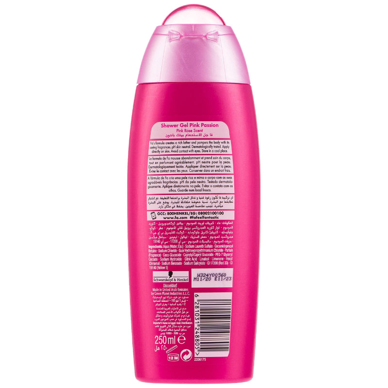 Fa Sense Pink Passion Pink Rose Scent Shower Gel 250ml – Gentle to Skin, 95% Naturally Derived Ingredients, 100% Recycled Bot