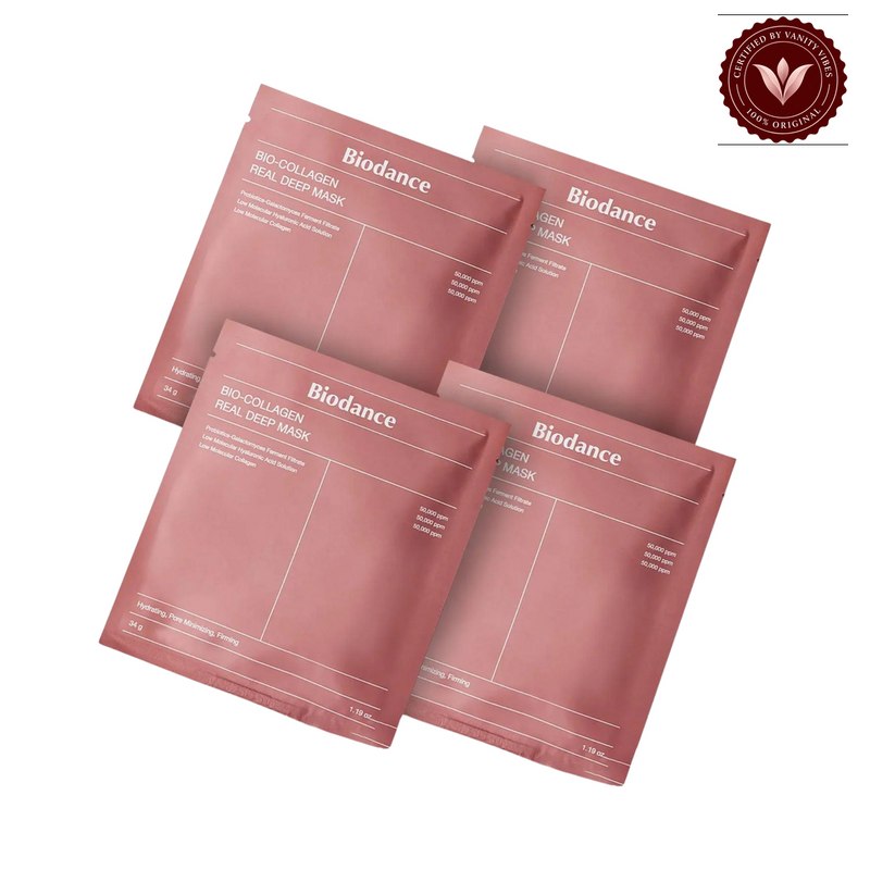 Biodance Bio-Collagen Real Deep Mask – Pack of 4 on a clean white background with Vanity Vibes badge