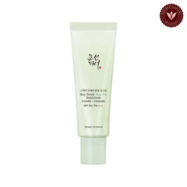 Beauty of Joseon Stay Fresh Green Tone-Up Sunscreen SPF50+ PA++++ 50ml centered on a clean white background with the Vanity Vibes badge at the top right