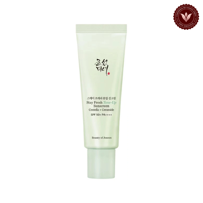 Beauty of Joseon Stay Fresh Green Tone-Up Sunscreen SPF50+ PA++++ 50ml centered on a clean white background with the Vanity Vibes badge at the top right