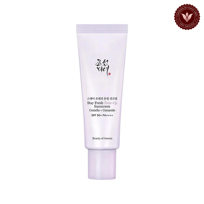Beauty of Joseon Stay Fresh Purple Tone-Up Sunscreen SPF50+ PA++++ 50ml centered on a clean white background with the Vanity Vibes badge at the top right