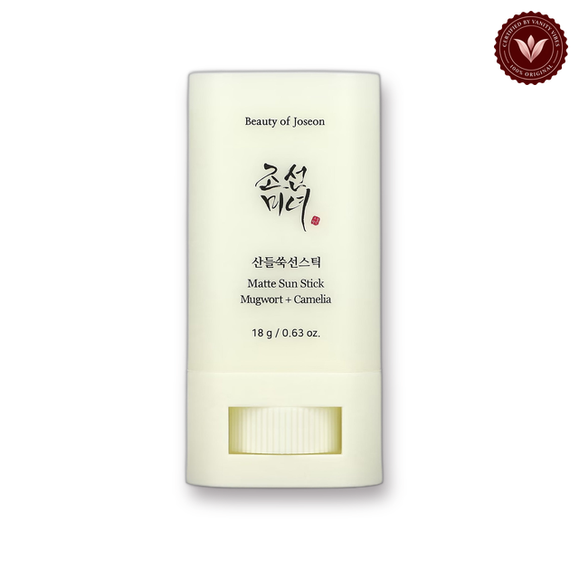 Beauty of Joseon Matte Sun Stick Mugwort + Camellia SPF50+ PA++++ 18g centered on a clean white background with the Vanity Vibes badge at the top right