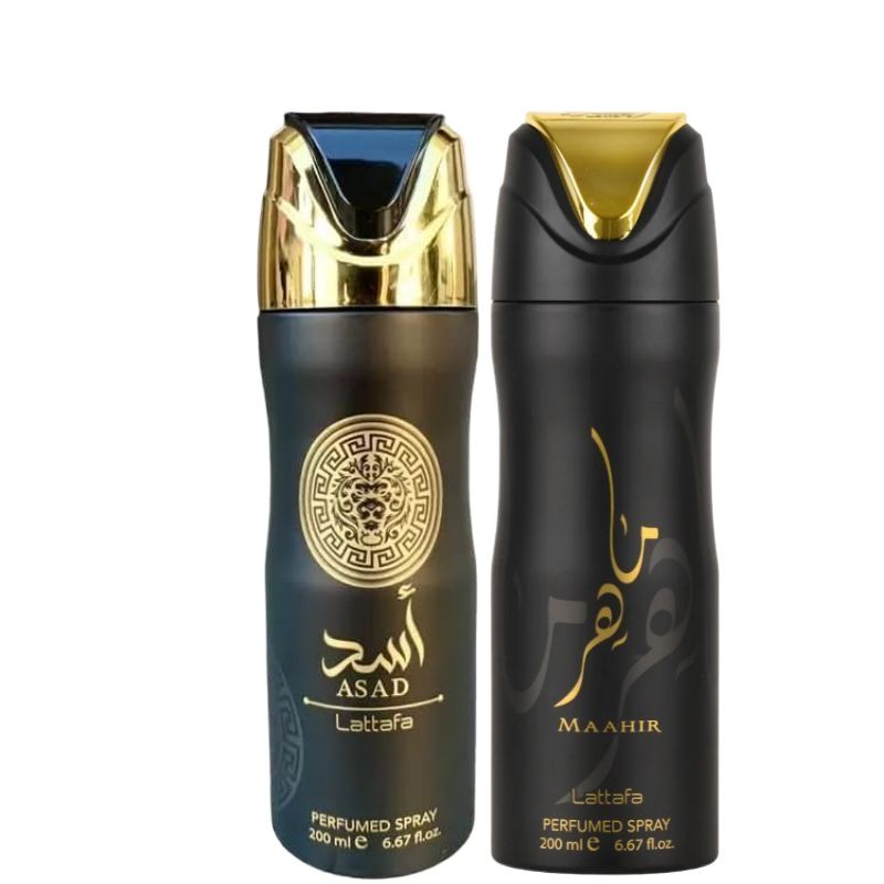 Asad Deodorant Spray 200ml + Maahir Deodorant Spray 200ml by Lattafa (Pack of 2)