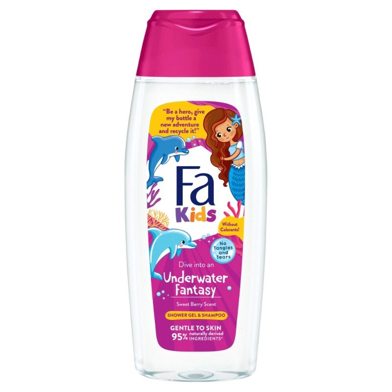 Fa Kids Dive into an Underwater Fantasy Berry Scent 2-in-1 Shower Gel & Shampoo 400ml – Gentle to Skin, 95% Naturally Derived