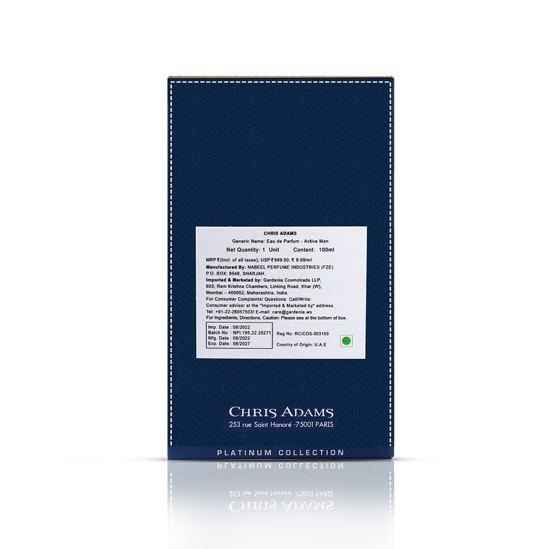 Chris Adams Active Man Eau de Parfum 100ml - Long Lasting Fresh Masculine Fragrance for Men, Bold & Confident Scent