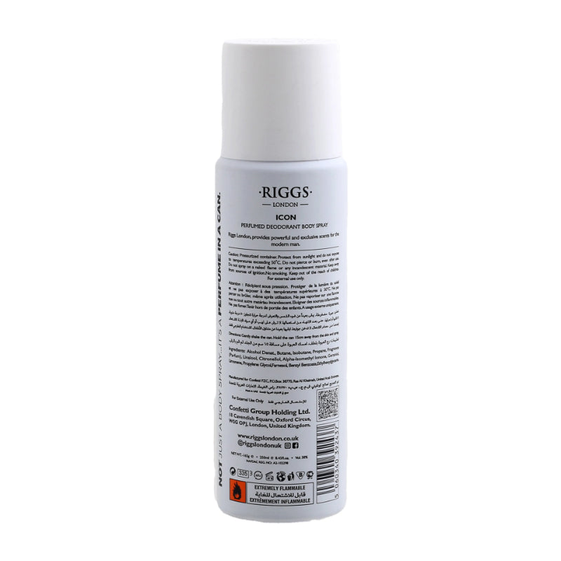 Riggs London Icon Perfumed Deodorant Body Spray 250ml Long-Lasting Fresh & Masculine Fragrance
