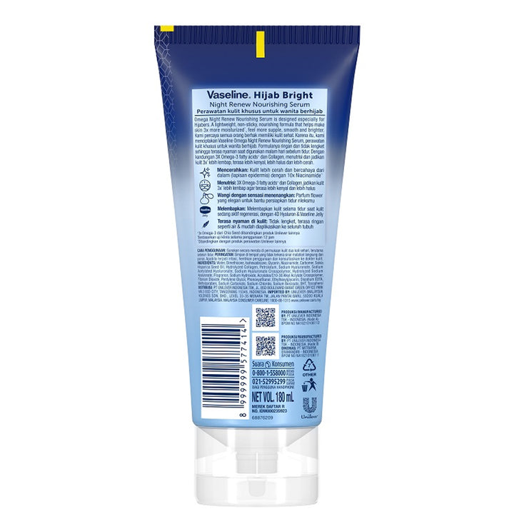 Vaseline Hijab Bright Omega Night Renew Nourishing Serum 180ml Deep Hydration & Skin Renewal
