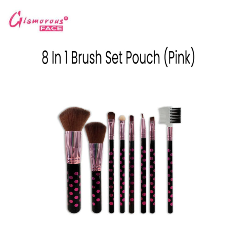 Glamorous Face 8 In 1 Brush Set Pouch (PINK)