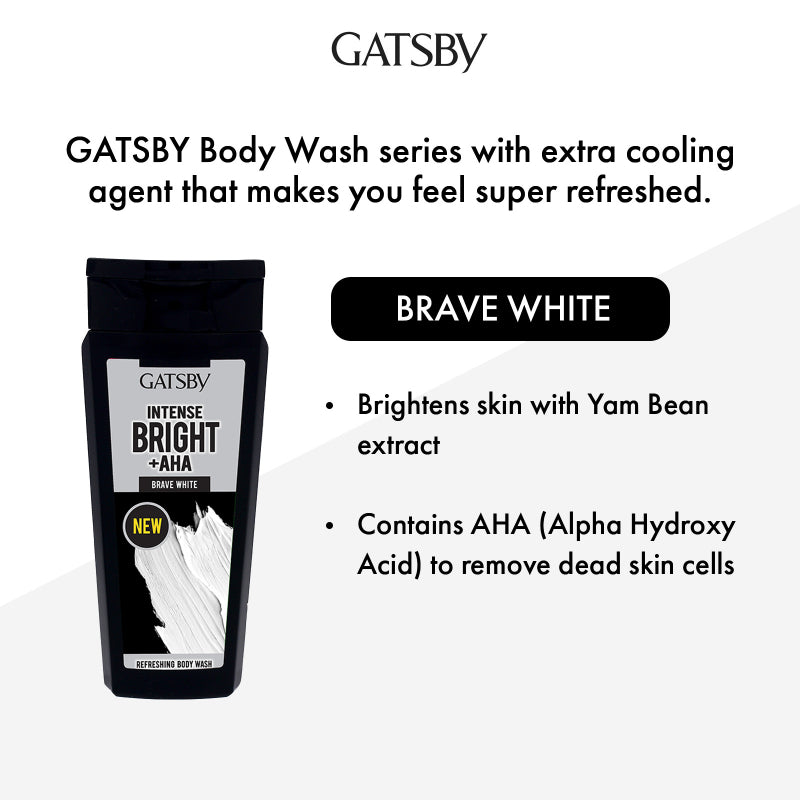 Gatsby Intense Bright Refreshing Brave White Body Wash 250ml - Deep Cleansing Shower Gel for Bright Skin, Long Lasting Fresh 