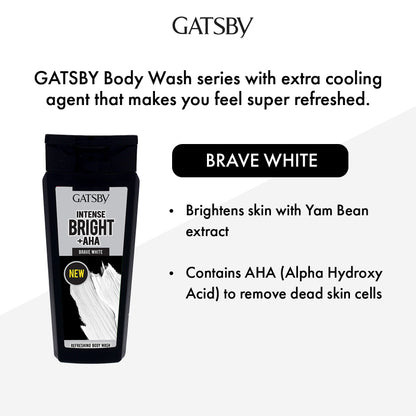 Gatsby Intense Bright Refreshing Brave White Body Wash 250ml - Deep Cleansing Shower Gel for Bright Skin, Long Lasting Fresh 
