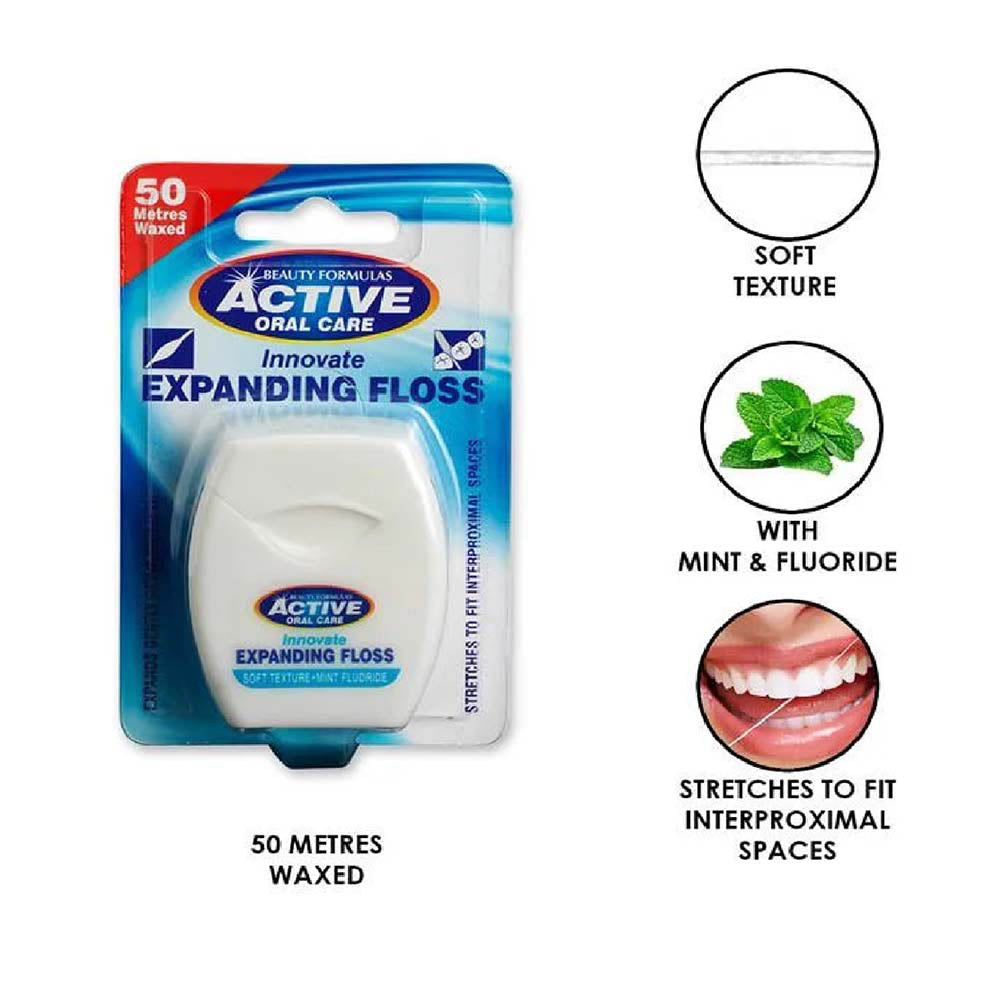 Beauty Formulas Active Innovate Mint Expanding Waxed Dental Floss 50m - Deep Cleaning Interdental Care for Plaque Removal, Gu