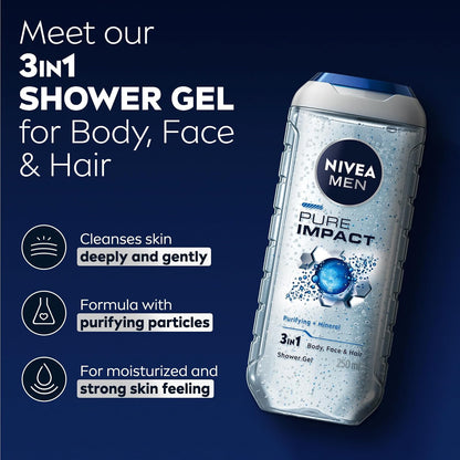 Nivea Men Pure Impact 3 in 1 Body, Face & Hair Shower Gel 250ml - All-in-One Deep Cleansing Wash for Men