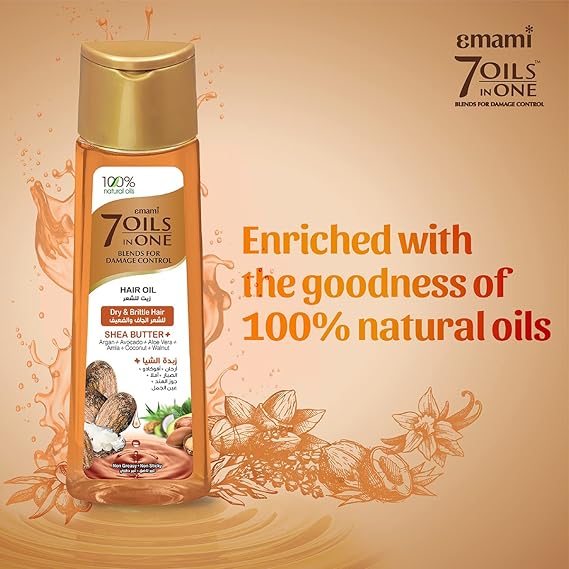Emami 7 in 1 Shea Butter Damage Control Hair Oil 100ml - Nourishing Hair Care Oil for Deep Repair, Frizz Control & Smooth Shi