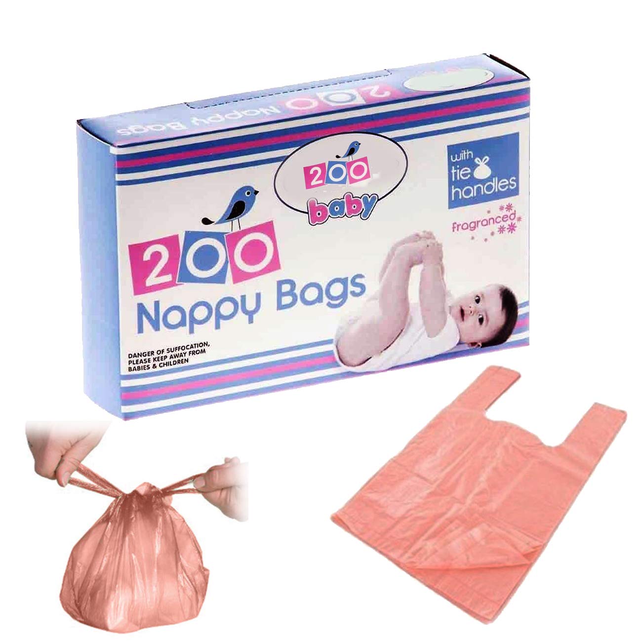 Cotton Tree Fragranced Nappy Bags with Tie Handles 200pcs Convenient & Odor‑Control